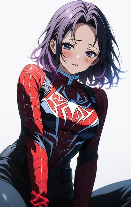 00756-220615959129228-1girl,BREAK source_anime, Shinobu Kochou from Kimetsu no Yaiba , purple hair,_spiderman suit ,spiderman logo, seductive,gorgeous.jpg